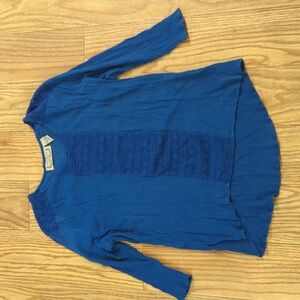 Blue 100% cotton boho 3/4 sleeve high low blouse w/ crochet Life Style Woman 1X